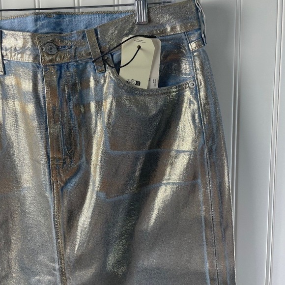 LEVI'S METALLIC GOLD REVOLVE DENIM MAXI SKIRT FRONT SLIT SZ 28 NWT - Picture 8 of 10